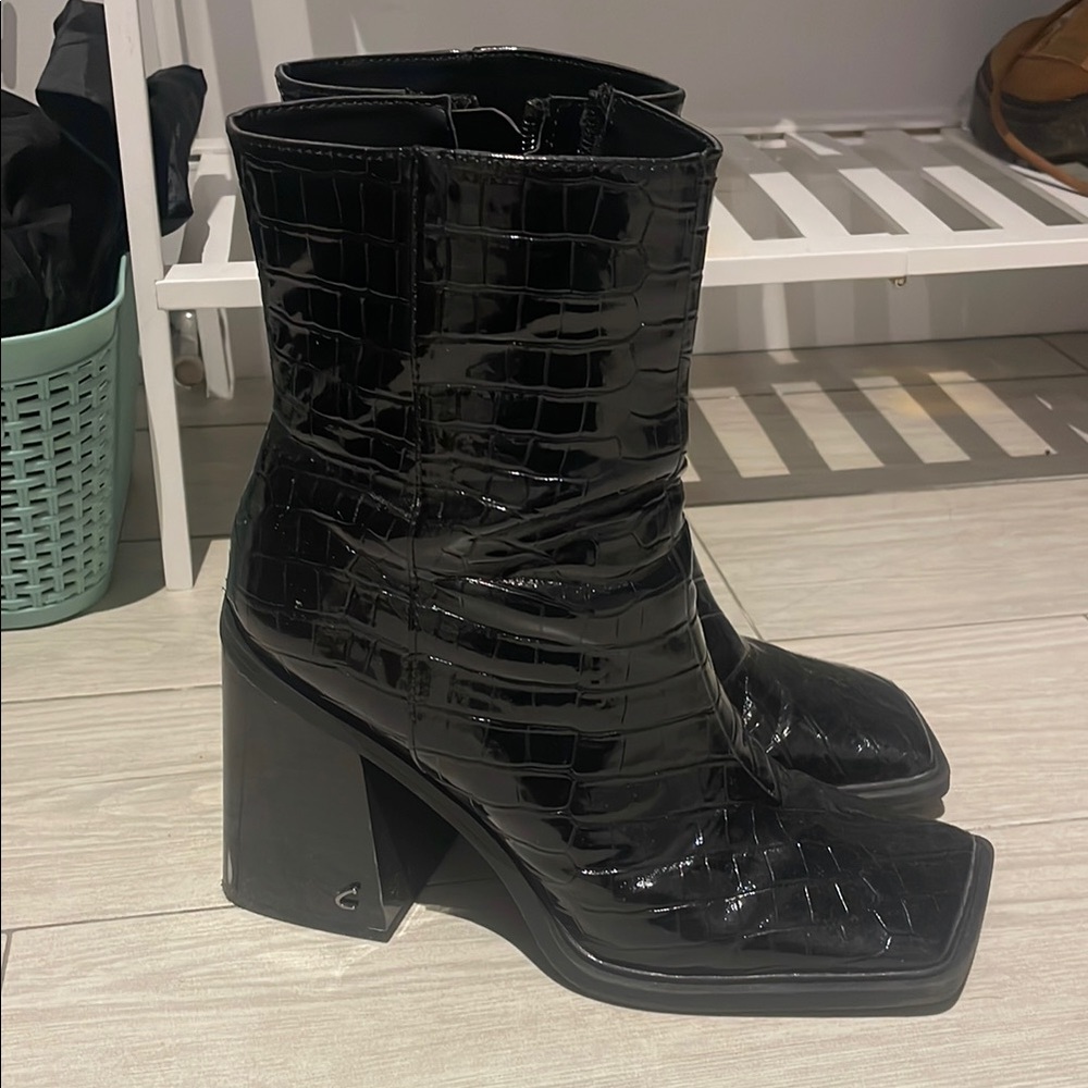 Black Croc-Embossed Ankle Boots / Booties